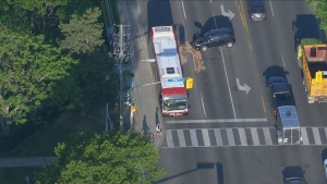One person was transported to hospital after a collision involving a TTC bus in Scarborough's West Hill neighbourhood on Tuesday, May 30, 2023. 