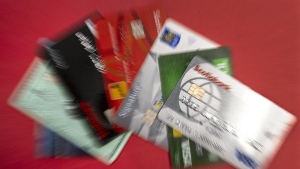 Credit cards shown in Halifax on Thursday, Oct. 6, 2022. TransUnion says Canadians' combined outstanding debt hit a new record in the first quarter, reaching $2.32 trillion. THE CANADIAN PRESS/Andrew Vaughan