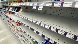 Empty shelves of children's pain relief medicine are seen at a Toronto pharmacy, Wednesday, August 17, 2022. The shortage of pediatric medication in Canada last year led to a spike of dosing errors in children in Ontario, new research shows. THE CANADIAN PRESS/Joe O'Connal
