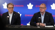Toronto Maple Leafs newly-appointed general manager Brad Treliving (right) sits alongside Leafs' president Brendan Shanahan at a news conference in Toronto, on Thursday, June 1, 2023.THE CANADIAN PRESS/Chris Young