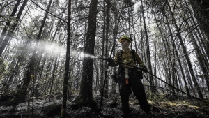 Department of Natural Resources and Renewables firefighter Kalen MacMullin of Sydney, N.S., works on a fire in Shelburne County, N.S., in a Thursday, June 1, 2023 handout photo. Almost 700 international firefighters from South Africa, Australia, New Zealand and the United States are set to arrive in Canada over the next two weeks to help with an unusually severe start to wildfire season across the country. THE CANADIAN PRESS/HO-Communications Nova Scotia