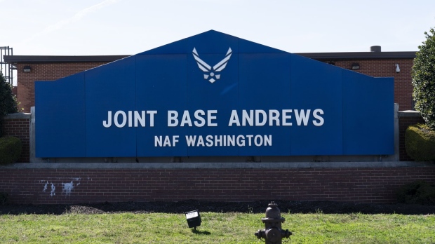 The sign for Joint Base Andrews is seen on March 26, 2021, at Andrews Air Force Base, Md. A wayward and unresponsive business jet that flew over the nation's capital Sunday afternoon, June 4, 2023, caused the military to scramble a fighter plane from Joint Base Andrews before the jet crashed in Virginia, officials said. The fighter jet caused a loud sonic boom that was heard across the capital region. (AP Photo/Alex Brandon, File)