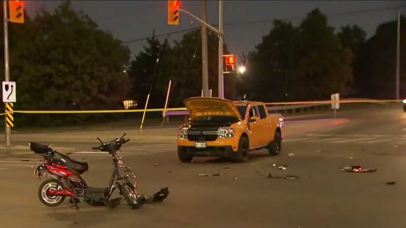 A male is seriously injured following a collision between a truck and a scooter in Brampton on Monday evening.