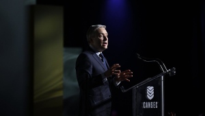 Industry Minister François-Philippe Champagne delivers a keynote address at the CANSEC trade show, in Ottawa, Thursday, June 1, 2023. Champagne says Stellantis and LG Energy Solutions have what they need to make a decision on the proposed electric vehicle battery plant in Windsor. THE CANADIAN PRESS/Justin Tang