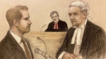 Court artist sketch by Elizabeth Cook Britain's Prince Harry being cross examined by Andrew Green KC, as he gives evidence at the Rolls Buildings in central London, Tuesday, June 6, 2023 during the phone hacking trial against Mirror Group Newspapers (Elizabeth Cook/PA via AP)