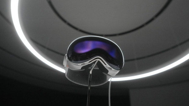 The Apple Vision Pro headset is displayed in a showroom on the Apple campus in Cupertino, Calif., Monday, June 5, 2023. Canadian tech companies say Apple's new Vision Pro headset is giving them hope that augmented and virtual reality wearables could catch on with consumers and businesses. THE CANADIAN PRESS/AP-Jeff Chiu