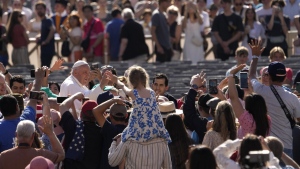 Pope Francis arrives for his weekly general audience in St. Peter's Square at The Vatican, Wednesday, June 7, 2023. (AP Photo/Andrew Medichini)
