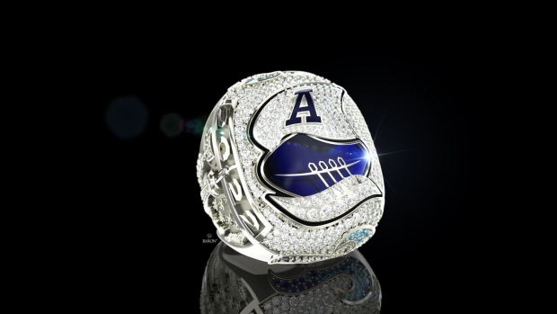 A Toronto Argonauts' CFL championship ring is seen in an undated handout photo. The Toronto Argonauts received their '22 Grey Cup rings in a private ceremony Thursday. The rings are made of white gold and contain 308 diamonds while featuring a blue sapphire stone in the Argos' logo. THE CANADIAN PRESS/HO-MLSE, *MANDATORY CREDIT*