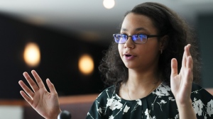 Anthaea-Grace Patricia Dennis who is a 12-year-old graduating from the University of Ottawa's biomedical science program takes part in an interview with The Canadian Press at the University of Ottawa in Ottawa on Friday, June 2, 2023. THE CANADIAN PRESS/Sean Kilpatrick
