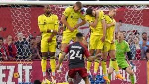 Nashville SC's Josh Bauer (centre left) and Jack Maher (centre right) combine to block a free kick from Toronto FC's Lorenzo Insigne during first half MLS action in Toronto, on Saturday, June 10, 2023.THE CANADIAN PRESS/Chris Young