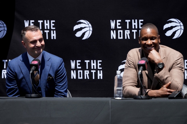 Toronto Raptors new head coach Darko Rajakovic and team president Masai Ujiri attend a news conference in Toronto on Tuesday, June 13, 2023. THE CANADIAN PRESS/Chris Young