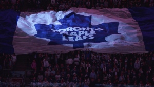 The Toronto Maple Leafs flag appears during the Canadian national anthem before the Maple Leafs play against the Boston Bruins during first period NHL hockey playoff action in Toronto on Wednesday, May 8, 2013. The Toronto Maple Leafs selected Easton Cowan with the No. 28 pick in the 2023 NHL draft Wednesday.THE CANADIAN PRESS/Nathan Denette