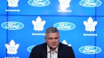Toronto Maple Leafs coach Sheldon Keefe speaks to media during an end-of-season availability in Toronto, on Monday, May 15, 2023. THE CANADIAN PRESS/Nathan Denette