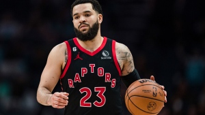 Toronto Raptors guard Fred VanVleet brings the ball up against the Charlotte Hornets during the second half of an NBA basketball game in Charlotte, N.C., Tuesday, April 4, 2023. (AP Photo/Jacob Kupferman) 