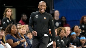 Chicago Sky head coach James Wade yells to players during the second half of the team's WNBA basketball game against the Washington Mystics on Thursday, June 22, 2023, in Chicago. (AP Photo/Charles Rex Arbogast) 