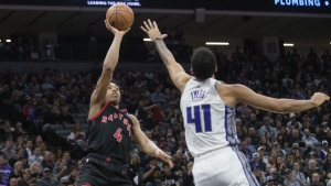 Toronto Raptors forward Scottie Barnes (4) shoots over Sacramento Kings forward Trey Lyles (41) during the first quarter of an NBA basketball game in Sacramento, Calif., Wednesday, Jan. 25, 2023. Vancouver and Montreal will be hosting NBA pre-season games come October in the ninth NBA Canada Series.The Raptors will be taking on the Sacramento at Vancouver’s Rogers Arena on Oct. 8. THE CANADIAN PRESS/AP/Randall Benton