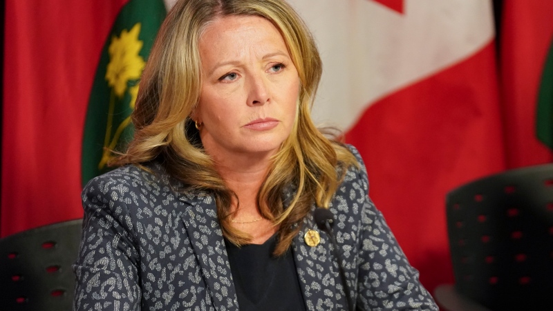Marit Stiles, Leader of the Official Opposition of Ontario speaks to the media during a press conference following the release of the Auditor General’s Special Report on Changes to the Greenbelt, at Queens Park, in Toronto, Wednesday, Aug. 9, 2023. THE CANADIAN PRESS/Arlyn McAdorey