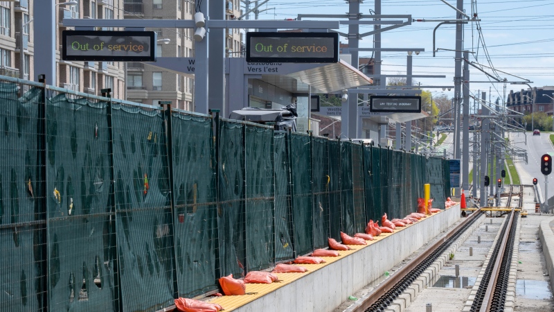 "Out of Service" signs are shown on the Eglinton Crosstown LRT in Toronto on Friday, May 5, 2023. The Eglinton Crosstown LRT has been under construction for 10 years and includes a “Science Centre” stop that would increase transit accessibility to the attraction. THE CANADIAN PRESS/Frank Gunn 