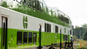 FILE - A GO Transit train sits parked at the Niagara Falls Train Station, Friday, August 26, 2022. THE CANADIAN PRESS/Tara Walton