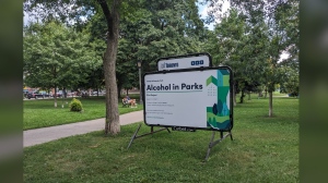 A photo of the City of Toronto's Alcohol in Parks signage at one of the entrances of Trinity Bellwoods Park. (Joanna Lavoie/CP24.com)