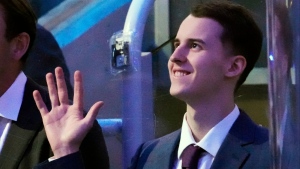 Toronto Maple Leafs' 2020 first-round draft pick Rodion Amirov waves as he is acknowledged by the crowd before the team's NHL hockey action against the Washington Capitals in Toronto, Thursday, Oct. 13, 2022. (Frank Gunn/The Canadian Press via AP, File)