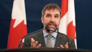 Minister of Environment and Climate Change Steven Guilbeault speaks during media availability at the Climate Positive Energy Initiative conference in Toronto, on Thursday, Aug.10, 2023. THE CANADIAN PRESS/Arlyn McAdorey