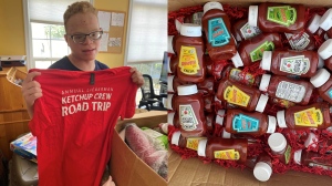 Jacob Lieberman holds his new summer road trip shirt after receiving dozens of ketchup bottles (Supplied).