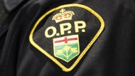 An Ontario Provincial Police logo is shown during a press conference, in Barrie, Ont., on Wednesday, April 3, 2019.(THE CANADIAN PRESS/Nathan Denette)
