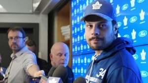 Toronto Maple Leafs centre Auston Matthews speaks to media during an end-of-season availability in Toronto, on Monday, May 15, 2023. The Maple Leafs were eliminated from the NHL playoffs by the Florida Panthers on Friday. THE CANADIAN PRESS/Nathan Denette