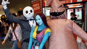 Mark, dressed as Jack Skellington, and John, dressed as Oogie Boogie, came from Ireland to Canada for the first time to attend Fan Expo Canada for the first time with their friend Coco, dressed as Sally. They joined hundreds of attendees in costume at Fan Expo Canada 2023 in Toronto. (CP24/Michael Campoli)
