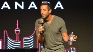 Actor Zachary Levi has some fun with the crowd at Fan Expo Canada in Toronto Saturday August 26, 2023. (Joshua Freeman /CP24)