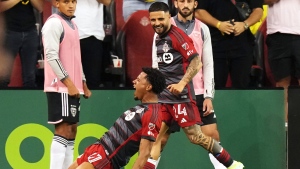 Toronto FC midfielder Kosi Thompson (47) celebrates his goal against D.C. United with teammate Lorenzo Insigne (24) during second half MLS action in Toronto on Saturday, May 27, 2023.Toronto FC has loaned Thompson on loan to Norwegian top-flight club Lillestrøm SK for the remainder of the 2023 Major League Soccer season.THE CANADIAN PRESS/Chris Young