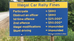 The Town of Wasaga Beach posted signs notifying the public of the fines associated with illegal car rallies ahead of the long weekend. Wed., Aug. 30, 2023. (CTV News/Rob Cooper)