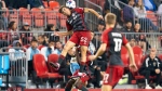 Toronto FC midfielder Alonso Coello (52) heads the ball during first half MLS soccer action against the Philadelphia Union in Toronto, on Wednesday, Aug. 30, 2023. THE CANADIAN PRESS/Spencer Colby