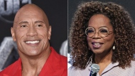 Dwayne Johnson attends the world premiere of "Black Adam" in New York on Oct. 12, 2022, left, and Oprah Winfrey appears at the Essence Festival of Culture in New Orleans on June 30, 2023. Johnson and Winfrey have committed $10 million to make direct payments to people on Maui who are unable to return to their homes because of the wildfires. (AP Photo)