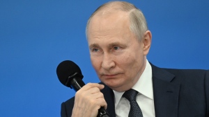 Russian President Vladimir Putin holds the Talking of What Matters open lesson, as part of the Russia - Land of Opportunities platform projects, at the Senezh Management Lab in Solnechnogorsk, Moscow region, Russia, Friday, Sept. 1, 2023. (Ekaterina Chesnokova, Sputnik, Kremlin Pool Photo via AP) 