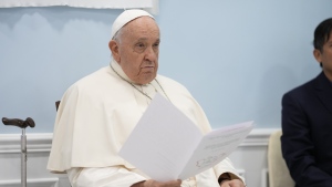 Pope Francis attends a meeting with charity workers and the inauguration of the House of Mercy in Ulaanbaatar, Monday, Sept. 4, 2023. (AP Photo/Andrew Medichini)
