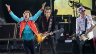 Mick Jagger, left, Ronnie Wood, center, and Keith Richards, right, of the band "The Rolling Stones," perform onstage during the last concert of their "Sixty" European tour in Berlin, Germany, Aug. 3, 2022. On Monday, Sept. 4, 2023, the Rolling Stones announced they will release their first album of original material in 18 years. Titled â€œHackney Diamonds,â€ the legendary rock band will reveal the full details on Wednesday, Sept. 6, at an event in Hackney in East London. (AP Photo/Michael Sohn, File)