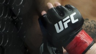 The UFC logo is shown on a fighter's glove during UFC Fight Night at Rogers Arena in Vancouver, Saturday, September, 14, 2019. Canadian bantamweight Serhiy Sidey won a UFC contract Tuesday by stopping American Ramon (The Savage) Taveras in the first round on "Dana White's Contenders Series." THE CANADIAN PRESS/Jonathan Hayward