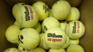 A box of game-used tennis balls rest in a shipping box during the U.S. Open tennis championships, Monday, Sept. 4, 2023, in New York. Because tennis balls are extremely hard to recycle and the industry has yet to develop a ball to make that easier, nearly all of the 330 million balls made worldwide each year eventually get chucked in the garbage, with most ending up in landfills. (AP Photo/Eduardo Munoz Alvarez)