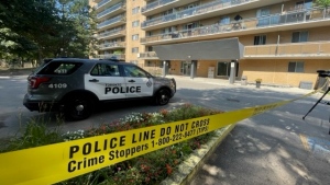Police tape surrounds the area where a girl was fatally stabbed at an Scarborough apartment building on Sept. 5. (Mathew Reid/CP24)