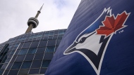 The Blue Jays logo is pictured ahead of MLB baseball action in Toronto on Wednesday, April 27, 2022. THE CANADIAN PRESS/Christopher Katsarov
