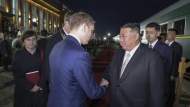 This Tuesday. Sept. 12, 2023, photo provided by the North Korean government shows that North Korea's leader Kim Jong Un, right, is greeted by Russian Minister of Natural Resources and Ecology Alexander Kozlov, left, after crossing the border to Russia at Khasan, about 127 km (79 miles) south of Vladivostok. Independent journalists were not given access to cover the event depicted in this image distributed by the North Korean government. The content of this image is as provided and cannot be independently verified. Korean language watermark on image as provided by source reads: "KCNA" which is the abbreviation for Korean Central News Agency. (Korean Central News Agency/Korea News Service via AP)
