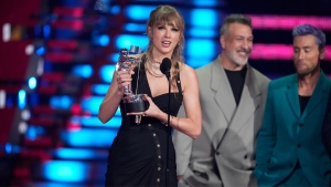 Taylor Swift accepts the award for best pop for "Anti-Hero"during the MTV Video Music Awards on Tuesday, Sept. 12, 2023. (Photo by Charles Sykes/Invision/AP)
