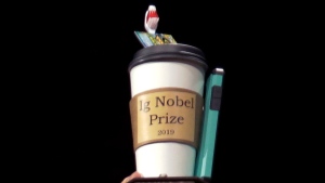 FILE - In this Sept. 12, 2019 file photo, the 2019 Ig Nobel award is displayed at the 29th annual Ig Nobel awards ceremony at Harvard University in Cambridge, Mass.  (AP Photo/Elise Amendola, File) 