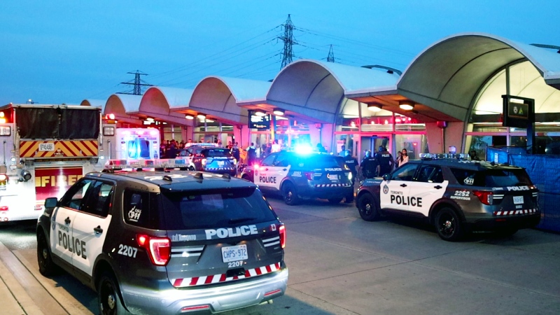Emergency crews are on the scene of an assault at Kipling TTC station on Saturday, Sept. 16, 2023.