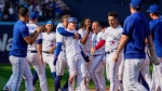 Toronto Blue Jays third baseman Matt Chapman (26), middle, celebrates with teammates after hitting a walk-off double against the Boston Red Sox in ninth inning American League MLB baseball action in Toronto, Sunday, Sept. 17, 2023. THE CANADIAN PRESS/Andrew Lahodynskyj