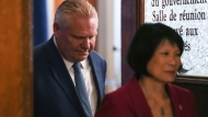 Ontario Premier Doug Ford and Toronto Mayor Olivia Chow attend a news conference following their meeting at the Queens Park Legislature in Toronto on Monday, Sept.18, 2023. THE CANADIAN PRESS/Chris Young
