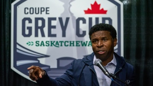 Toronto Argonauts general manager Michael (Pinball) Clemons speaks to the media ahead of the 109th Grey Cup in Regina, on Thursday, November 17, 2022. The Argonauts extended the contract of Clemons on Wednesday. THE CANADIAN PRESS/Heywood Yu