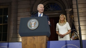 President Joe Biden speaks at a leaders' reception at the Metropolitan Museum of Art in New York, Tuesday, Sept. 19, 2023. Biden is in New York attending the 78th United Nations General Assembly as first lady Jill Biden listens. (AP Photo/Susan Walsh)